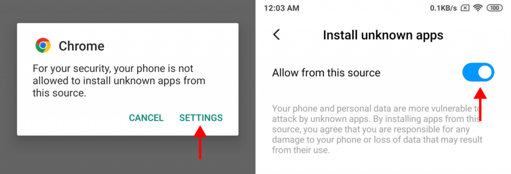 How to enable unknown sources for old APK installation Android